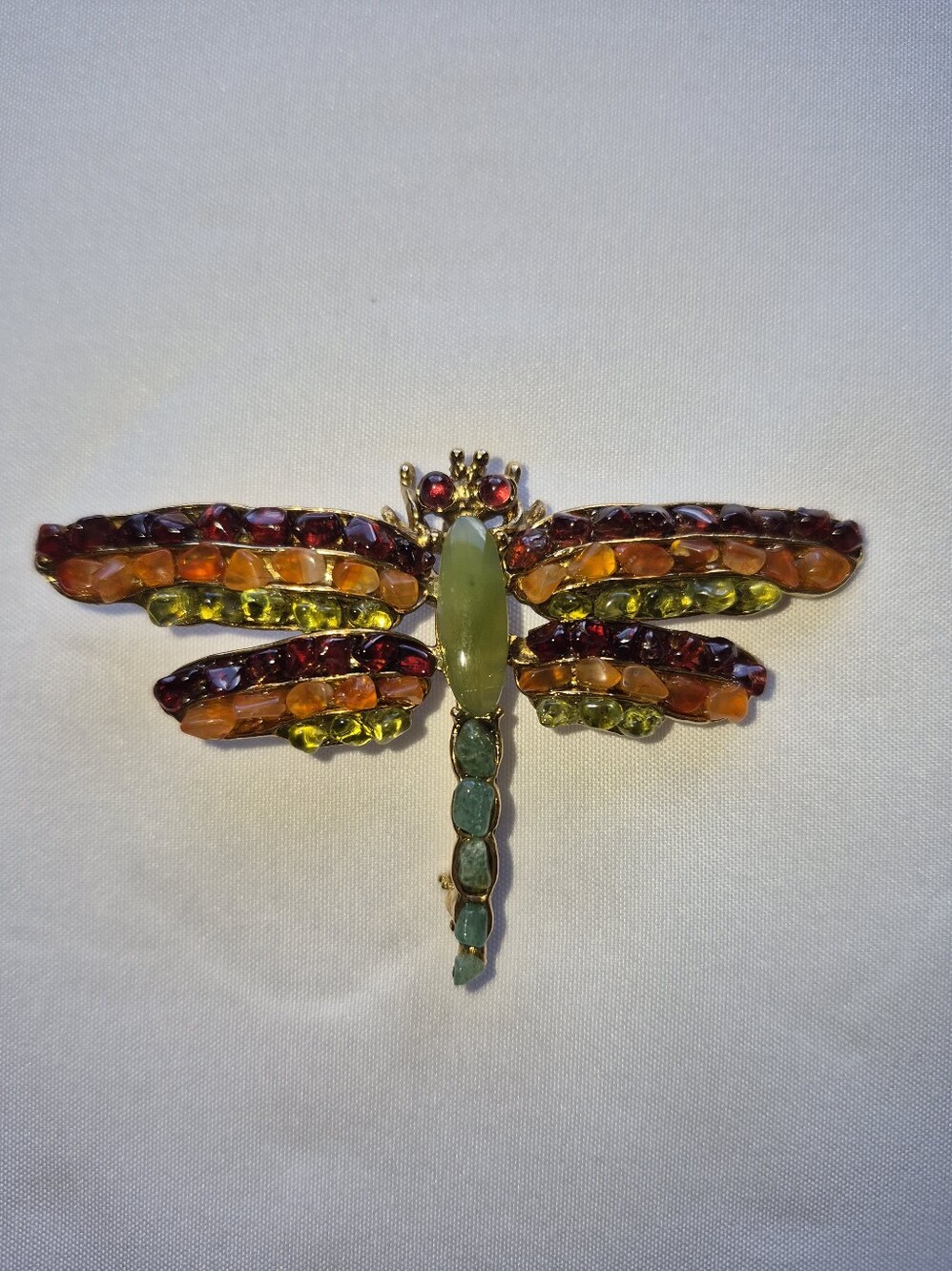 Vintage SWOBODA Multi Gemstone Dragonfly Brooch Pin Ruby Jade Garnet Peridot